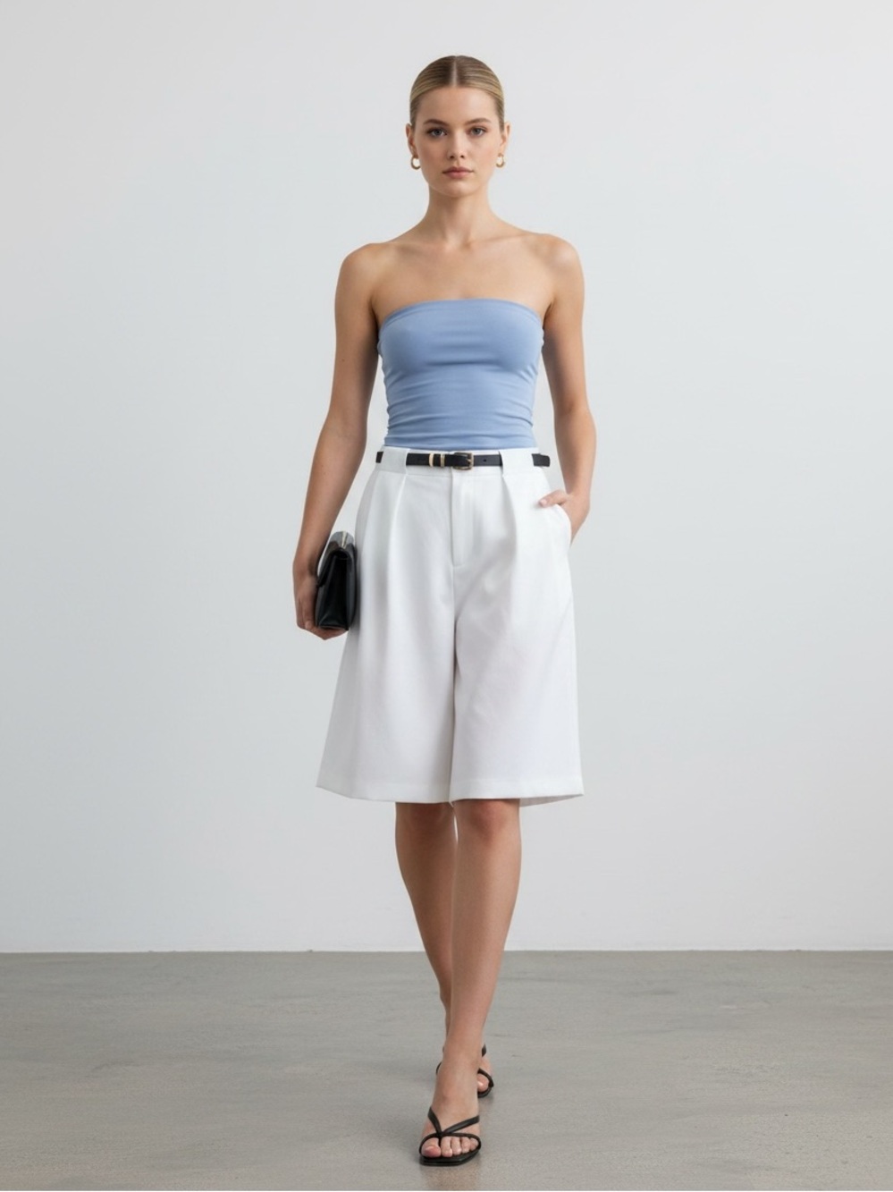 1359 • White Knee Length Belted Tailored Slant Pocket Shorts